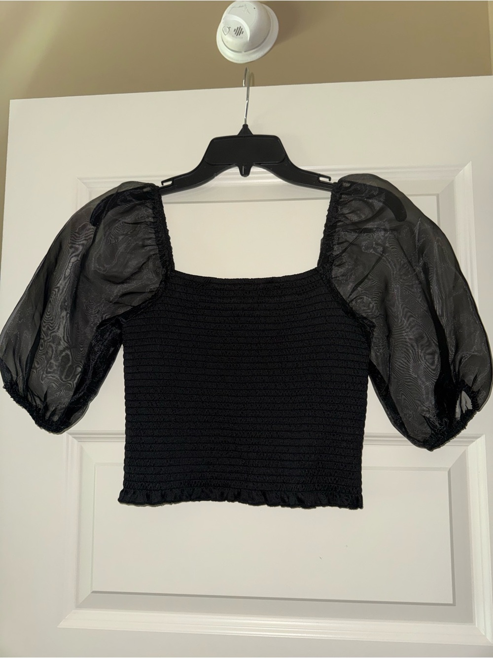 Sheer Puff-Sleeve Black Smocked Crop Top